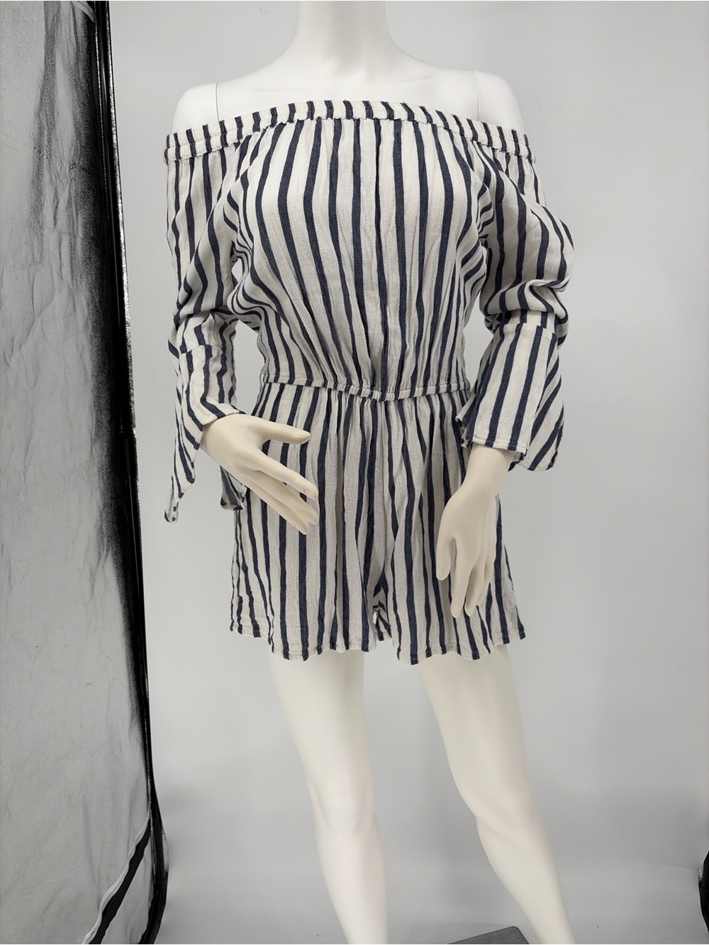 Off-Shoulder Navy Stripe Romper